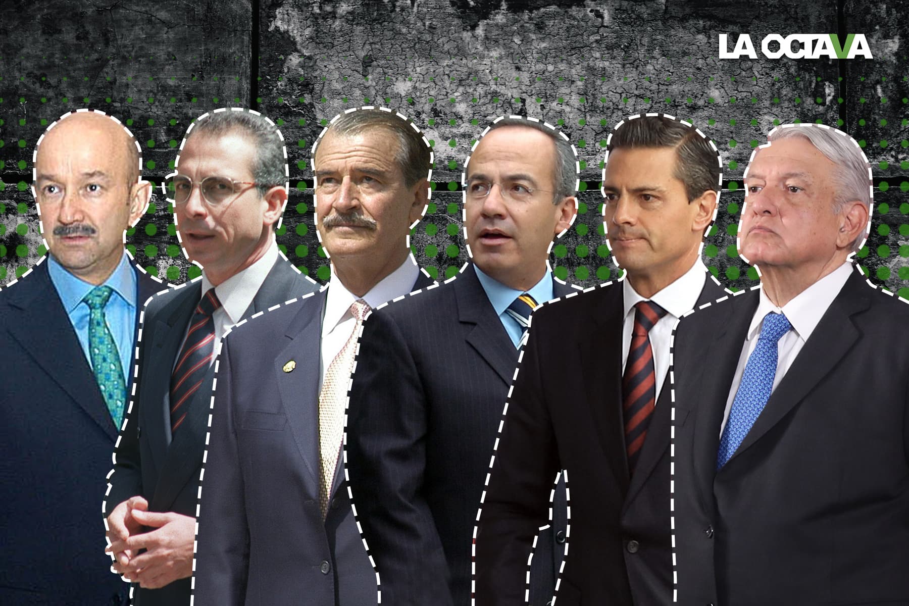 Carlos Salinas, Ernesto Zedillo, Vicente Fox, Felipe Calderón, Enrique Peña Nieto y Andrés Manuel López Obrador. Foto: La Octava