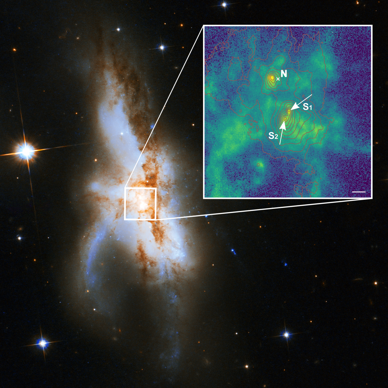 Los tres agujeros fueron detectados en el sistema galáctico NGC 6240, relativamente cercano • Foto: TW @IAC_Astrofisica