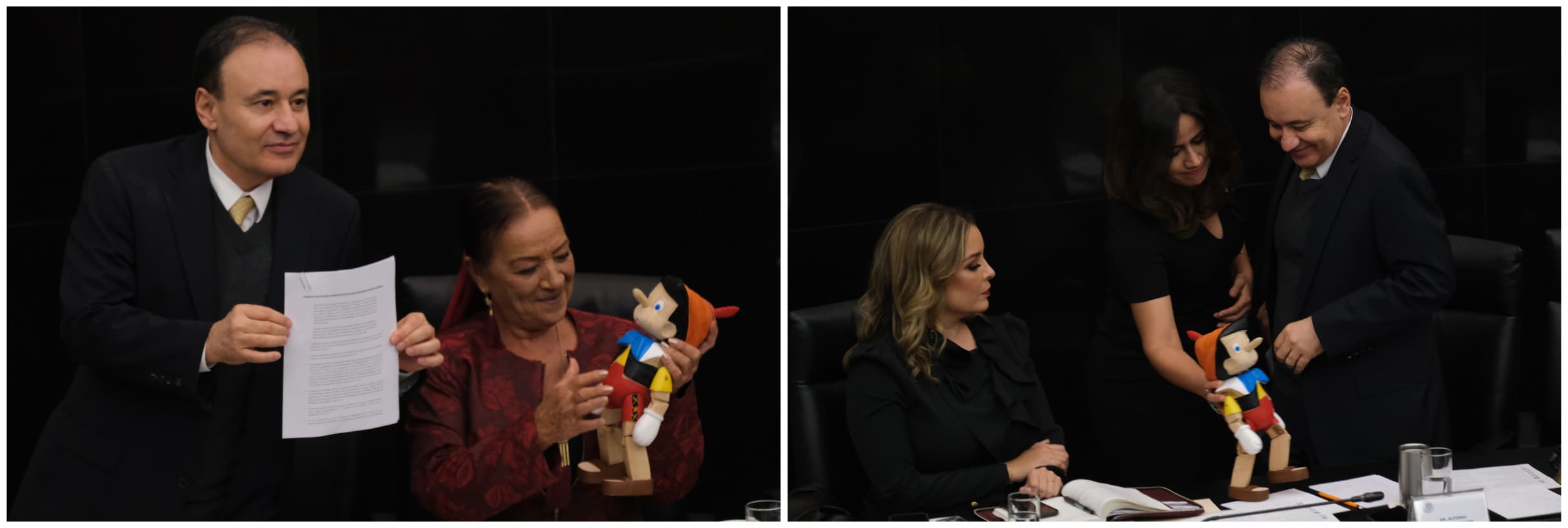 La senadora panista Indira de Jesús Rosales quiso entregar un Pinocho al encargado de la Seguridad federal, pero éste no lo recibió • Foto: Graciela López / Cuartoscuro