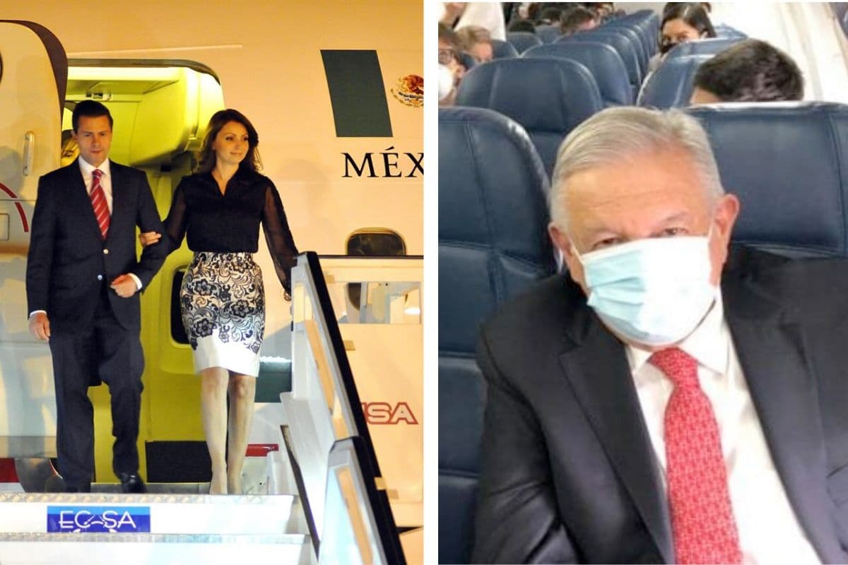 (i) El expresidente Peña Nieto y la exprimera dama Angélica Rivera, en el aeropuerto internacional José Martí en La Habana, Cuba. Foto: EFE. (d) El presidente Andrés Manuel López Obrador en su vuelo comercial para visitar a Donald Trump. Foto: Twitter.