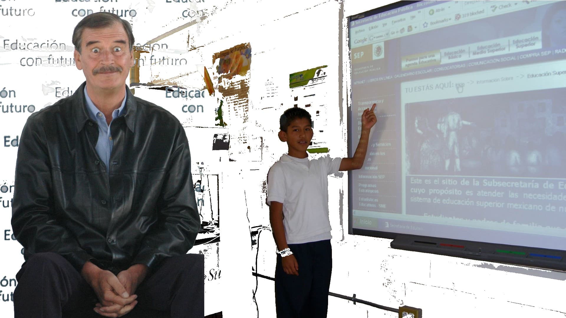 El expresidente Vicente Fox y un añlumno usando Enciclomedia. Foto: especial