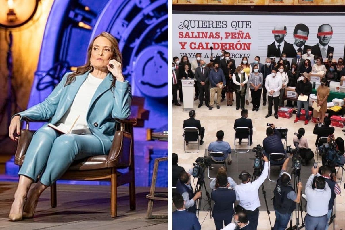 (i) Patricia Armendáriz. Foto: Facebook @PatyArmendariz.g. (d) Entrega de firmas para el juicio a los expresidentes. Foto: Twitter @HirepanMaya.