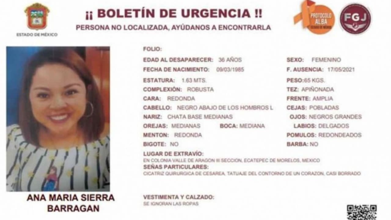 Boletín de búsqueda para localizar a la maestra Ana María Sierra Barragán
