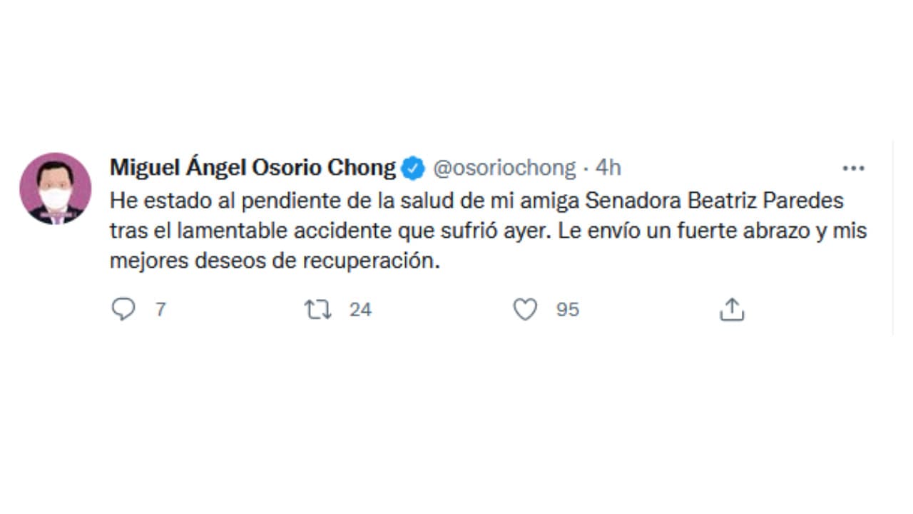 Osorio Chong, desea pronta recuperación a Beatriz Paredes