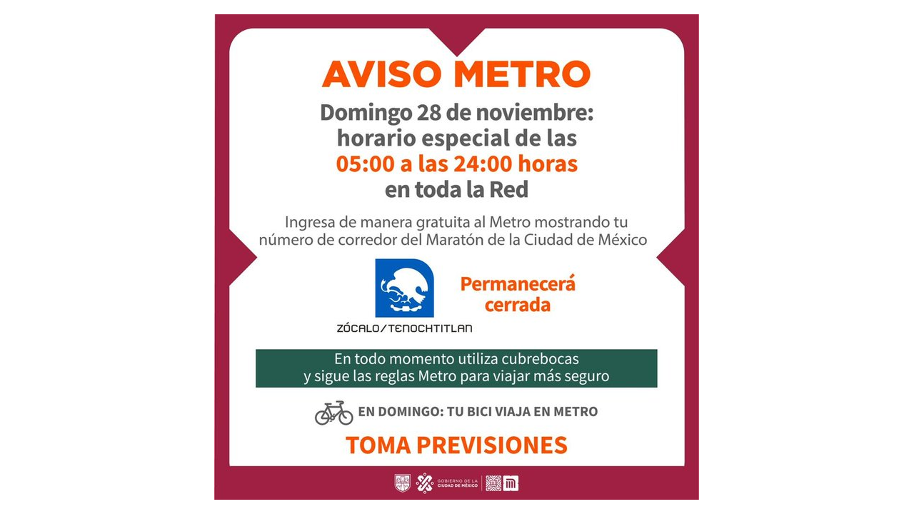 Metro iniciará su servicio en toda la red a las 5:00 horas el 28 de noviembre