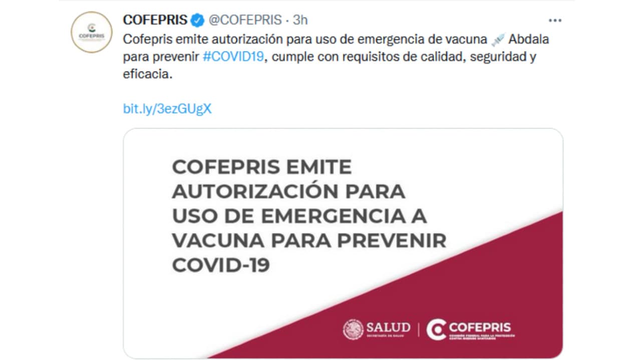 Cofepris, autoriza uso de emergencia de vacuna Abdala